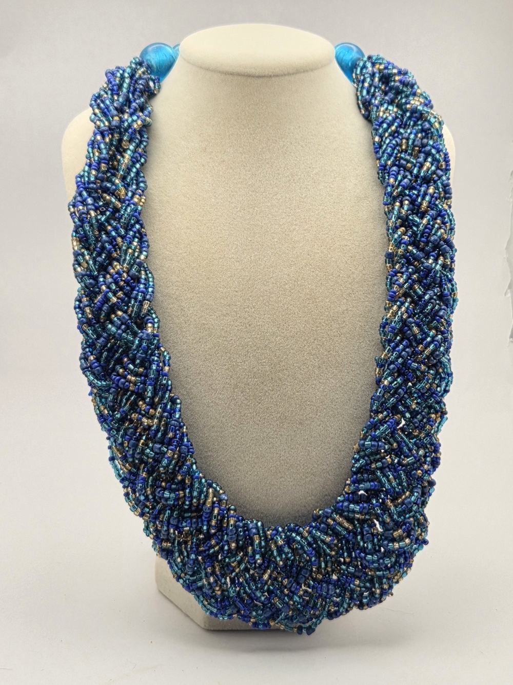 Vintage Braided Multi-Strand Glass Seed Bead Statement Necklace - Blue & Gold 22